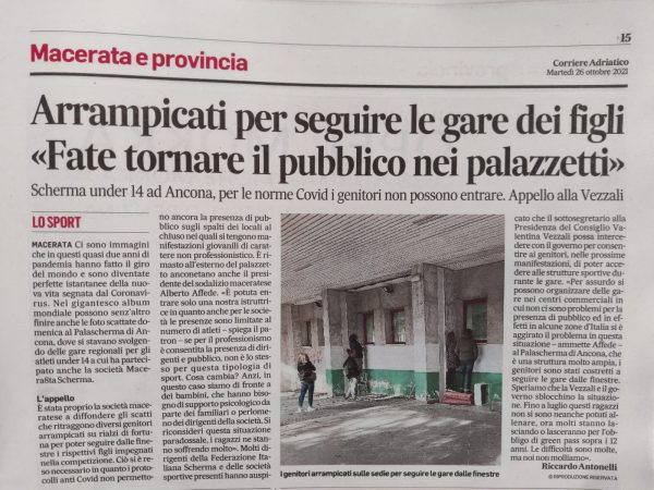 CORRIERE ADRIATICO: Macerata Scherma sostiene l’accesso in sicurezza del pubblico alle gare giovanili